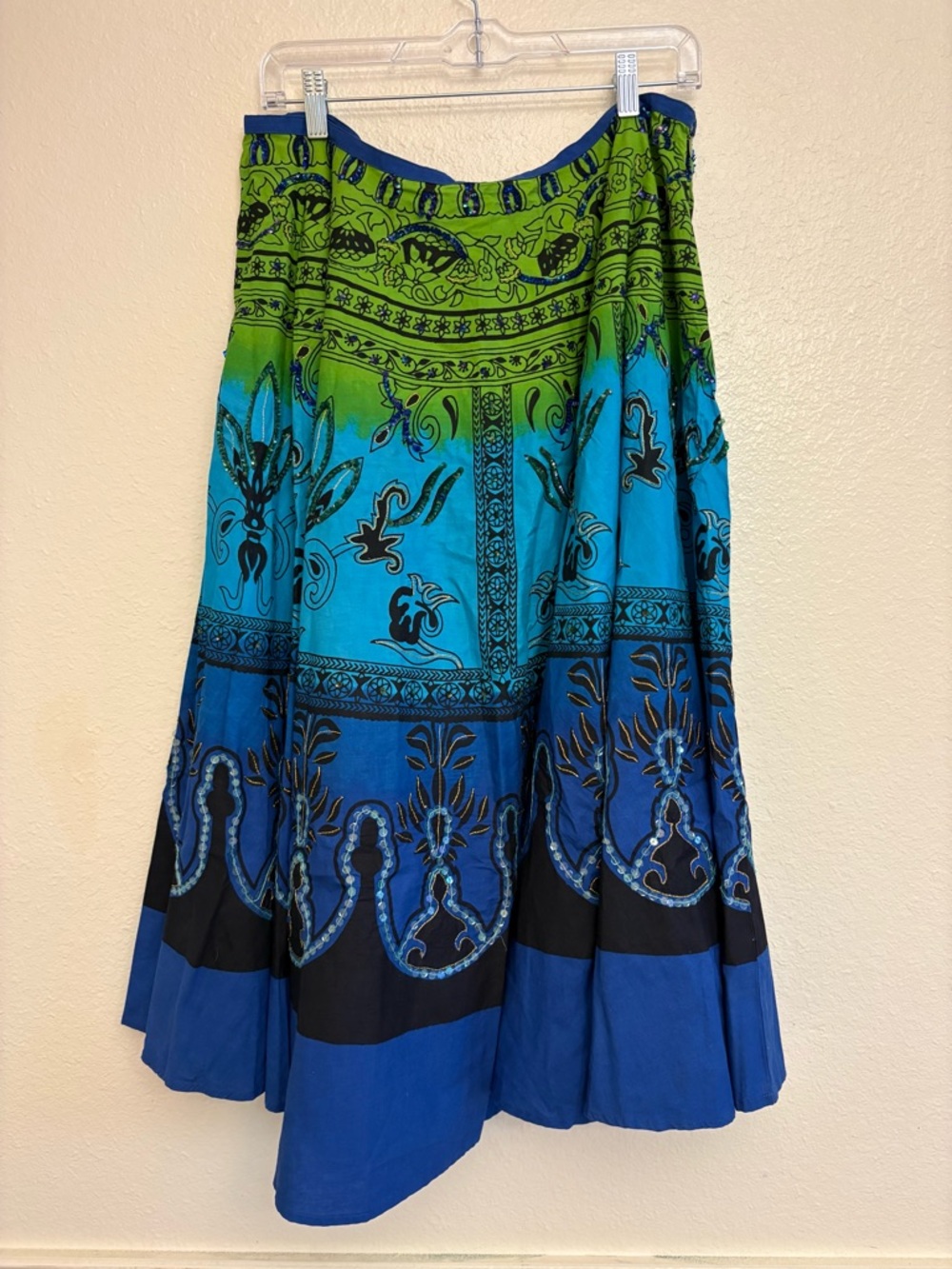 Boho Maxi Skirt L Chaudry India BlueGreenOmbre Festival HippieSequin Embroidered